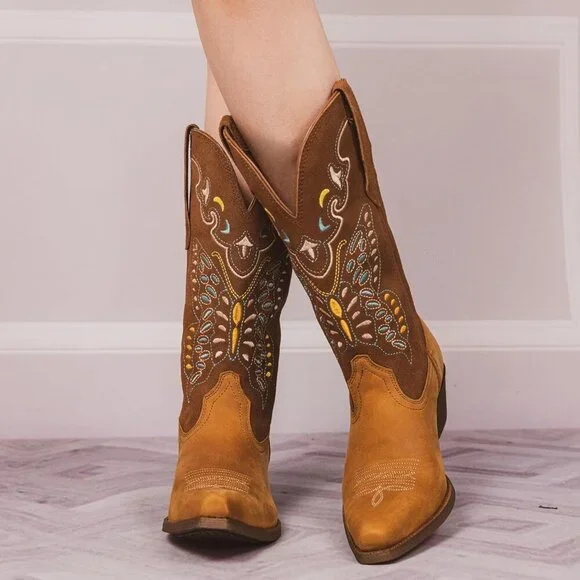 Women's Brown 1 Western Mid Calf Embroidered Cowgirl Country Full Leather Boots - Picture 3 of 9